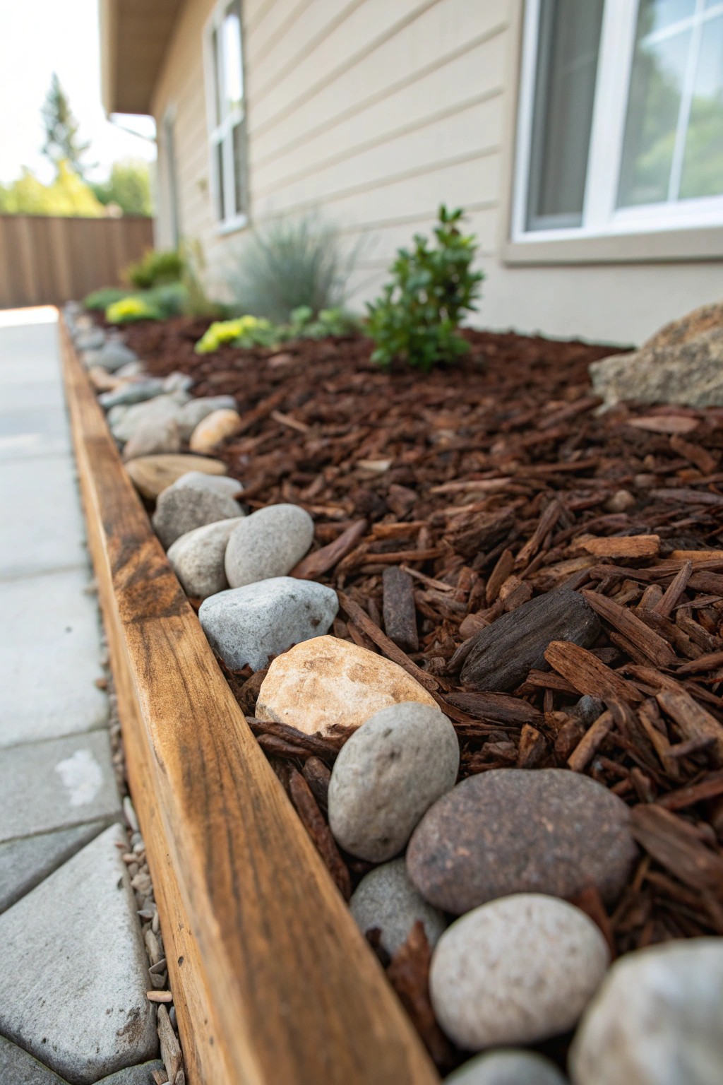 Simple elegance: blending mulch and river stone for a front yard with natural texture.