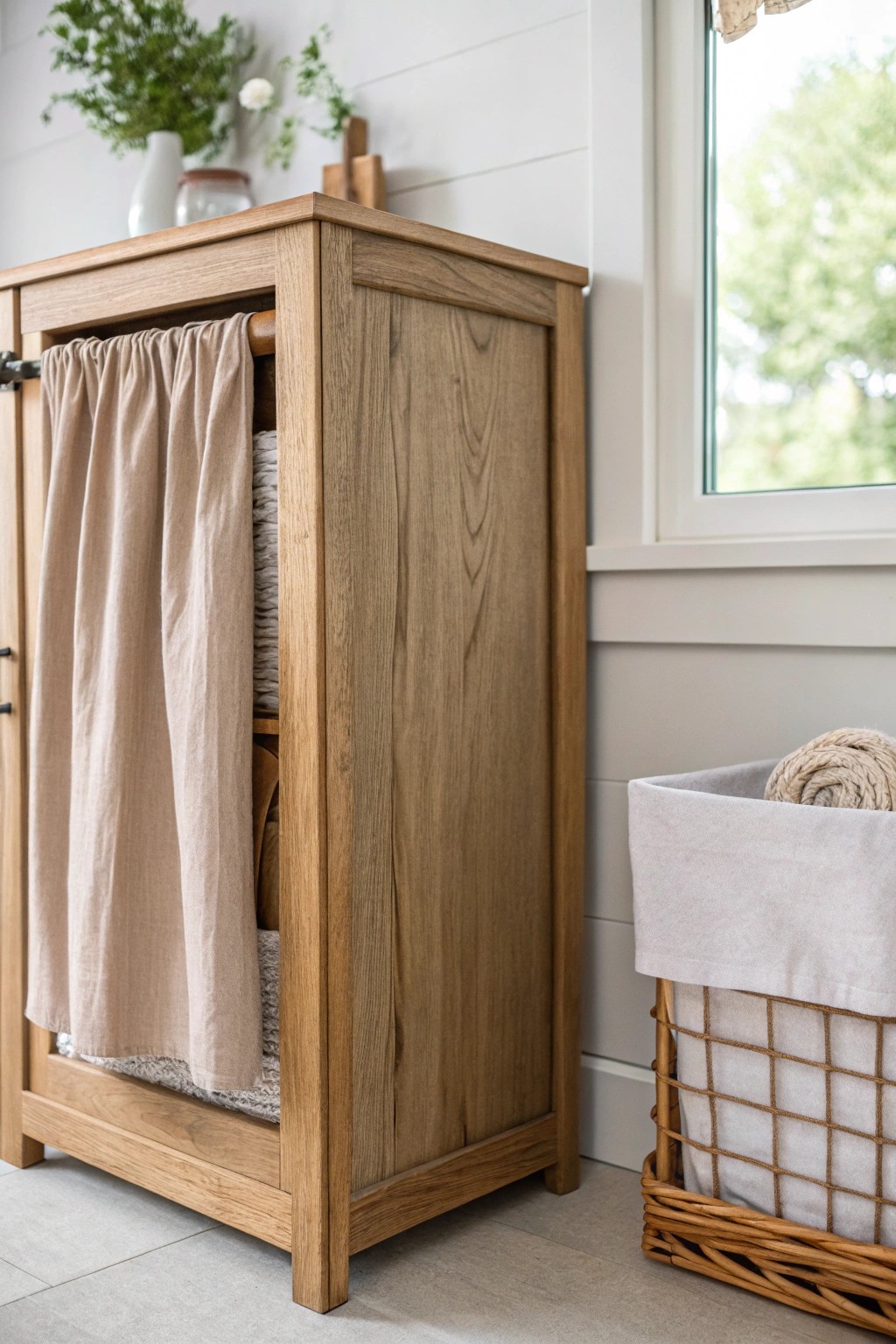 Embrace gentle charm: linen-curtain cabinet doors for a cozy, handcrafted laundry space.