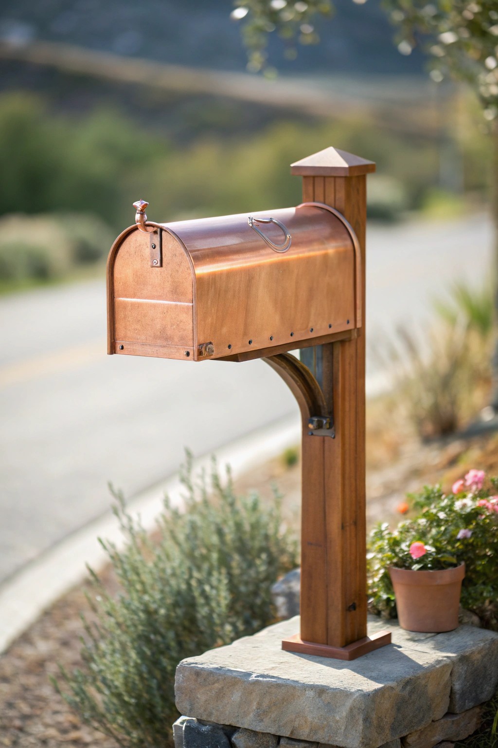 Timeless charm: a copper-clad mailbox post with natural patina and artisanal allure.