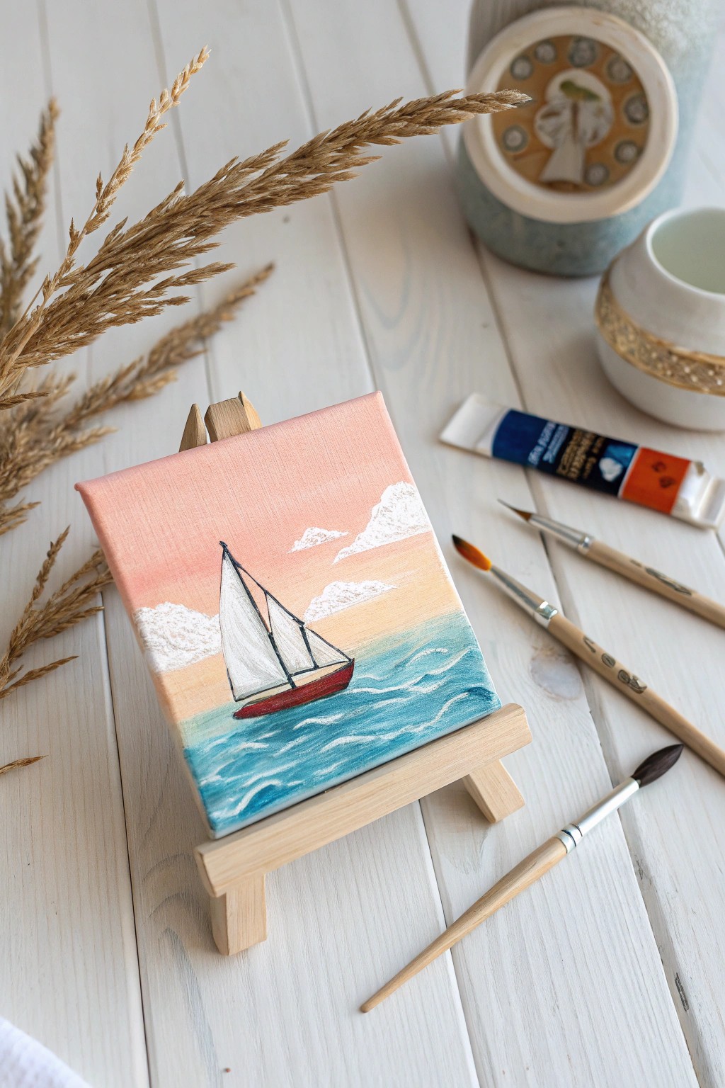 Serene summer vibes: a tiny sailboat painting with bold boho colors and Scandinavian simplicity.