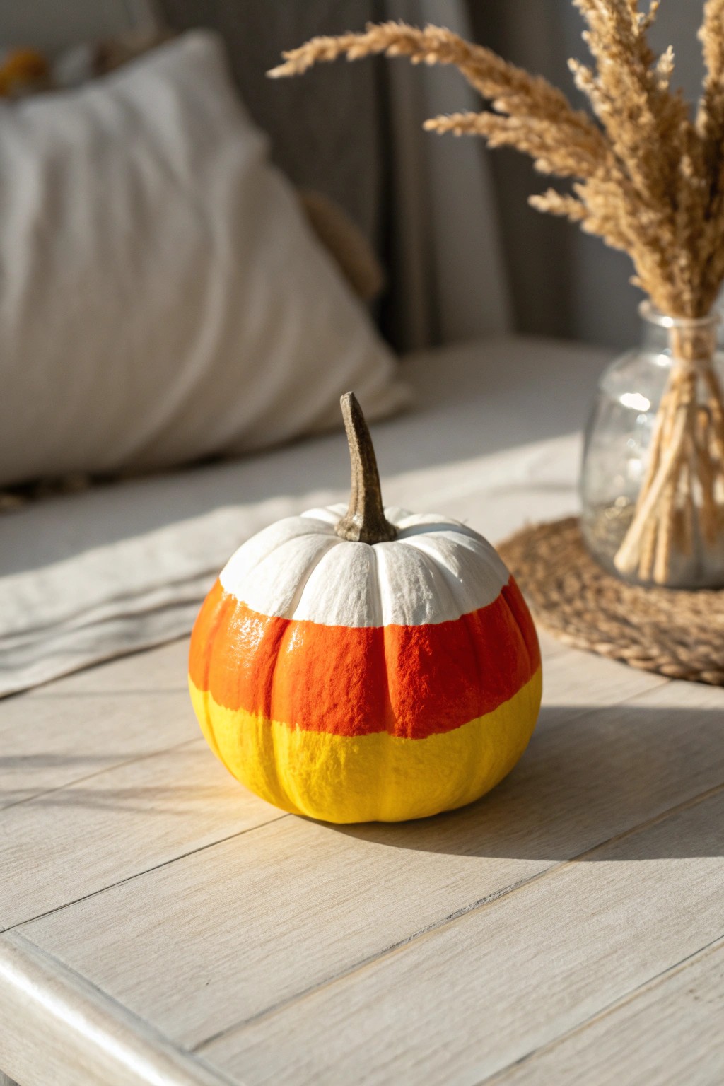 Scandi-boho charm: Candy corn color-blocked mini pumpkin for a playful fall touch.