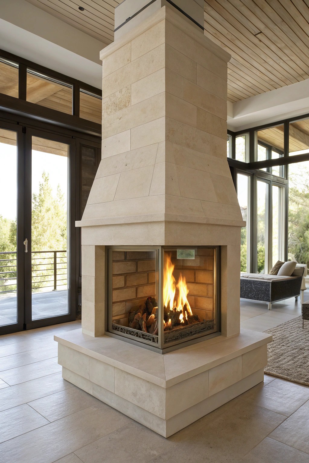 A sculptural fireplace elegantly divides open space—modern warmth meets minimalist design.