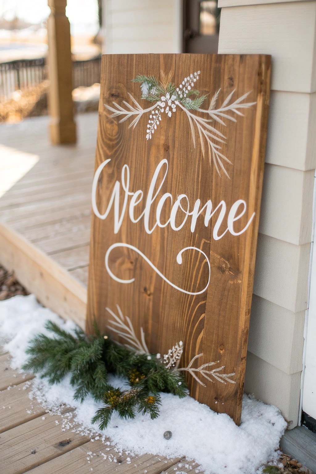 Spread holiday cheer with a handcrafted wooden welcome sign—simple, natural, and oh so charming.