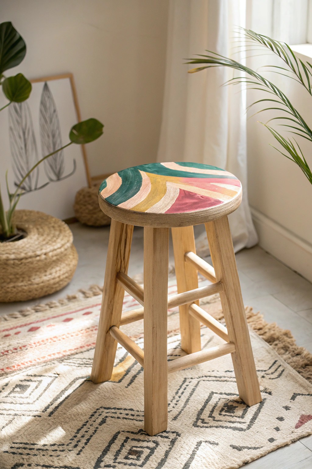 Transform a plain stool into abstract art with bold, colorful brushstrokes—Scandi minimalism meets painterly flair.