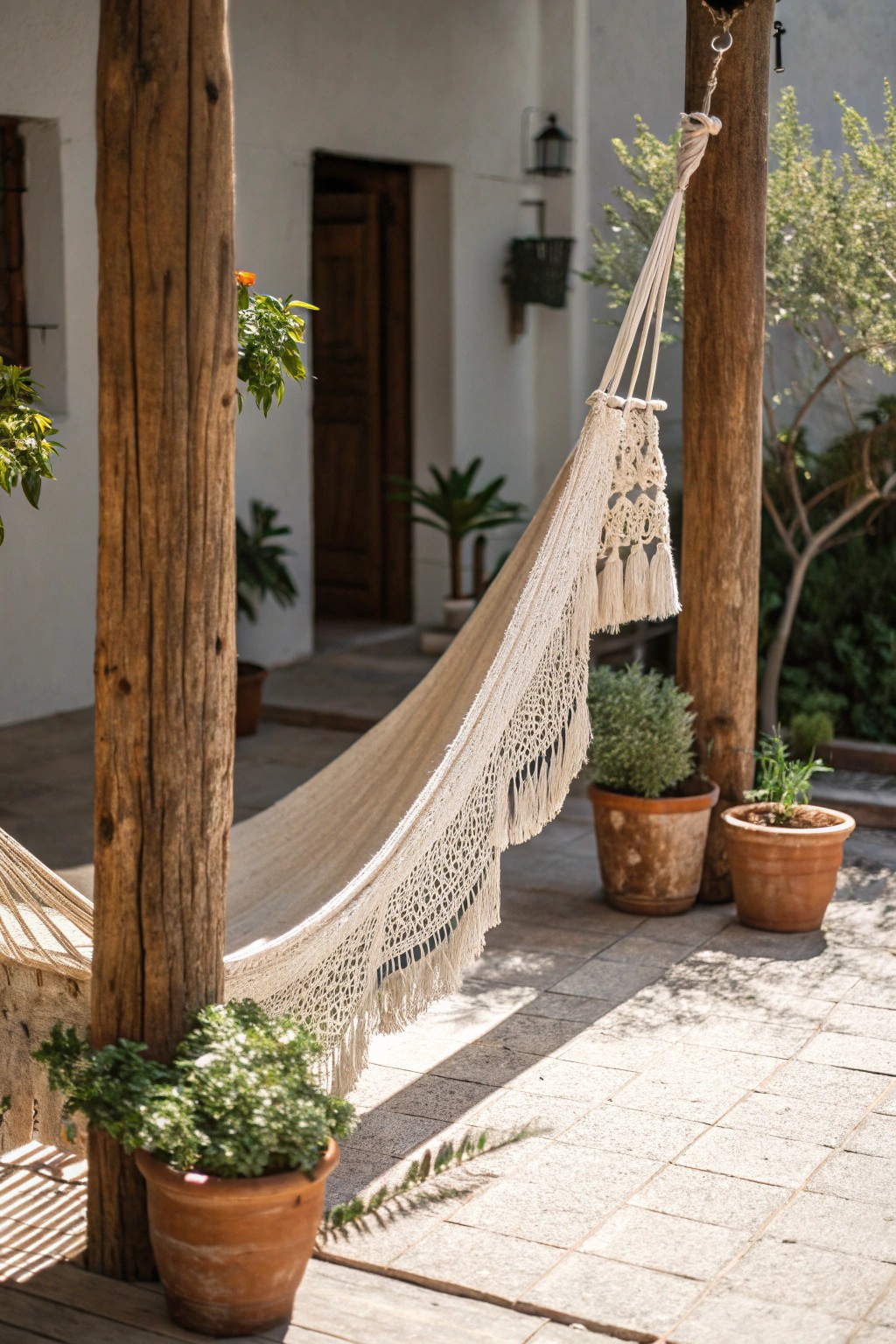 Simple luxury: a handcrafted hammock transforms any patio into a peaceful retreat.