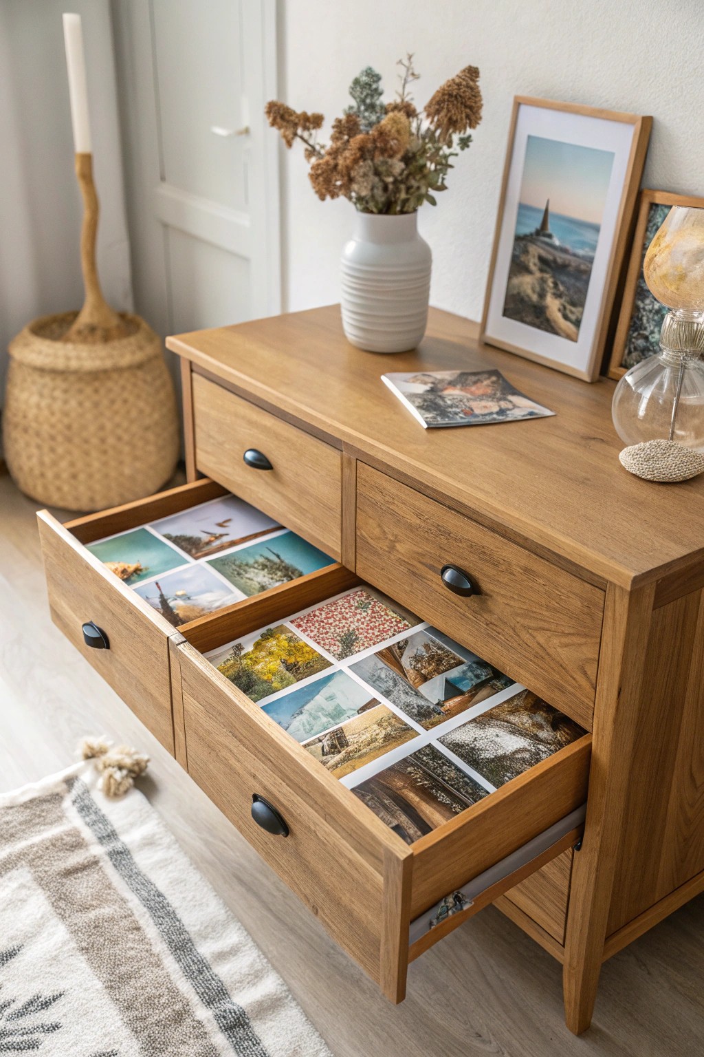 A hidden collage of memories—surprise photo-lined drawers for a daily dose of joy.