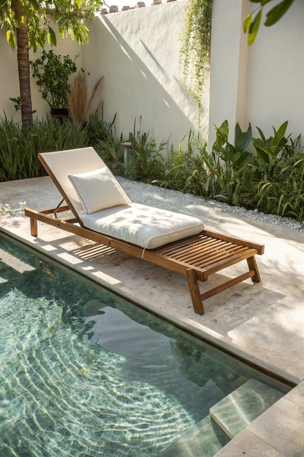 The art of relaxing: a sun shelf for serene poolside lounging.
