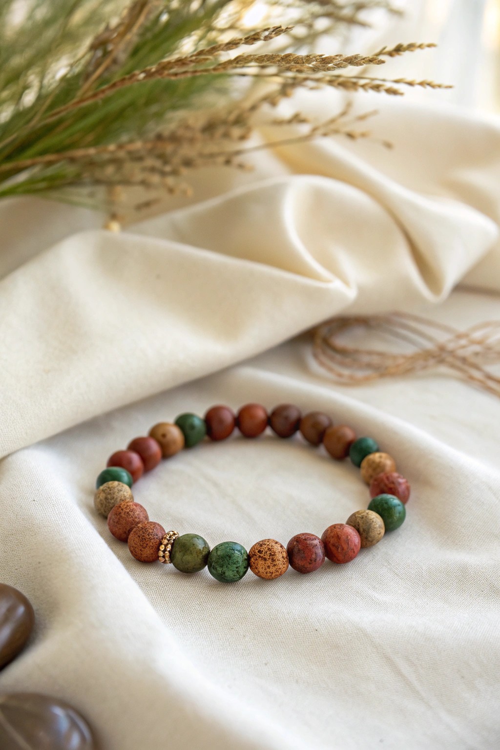 Earthy elegance: A nature-inspired clay bead bracelet in cozy preppy colors.