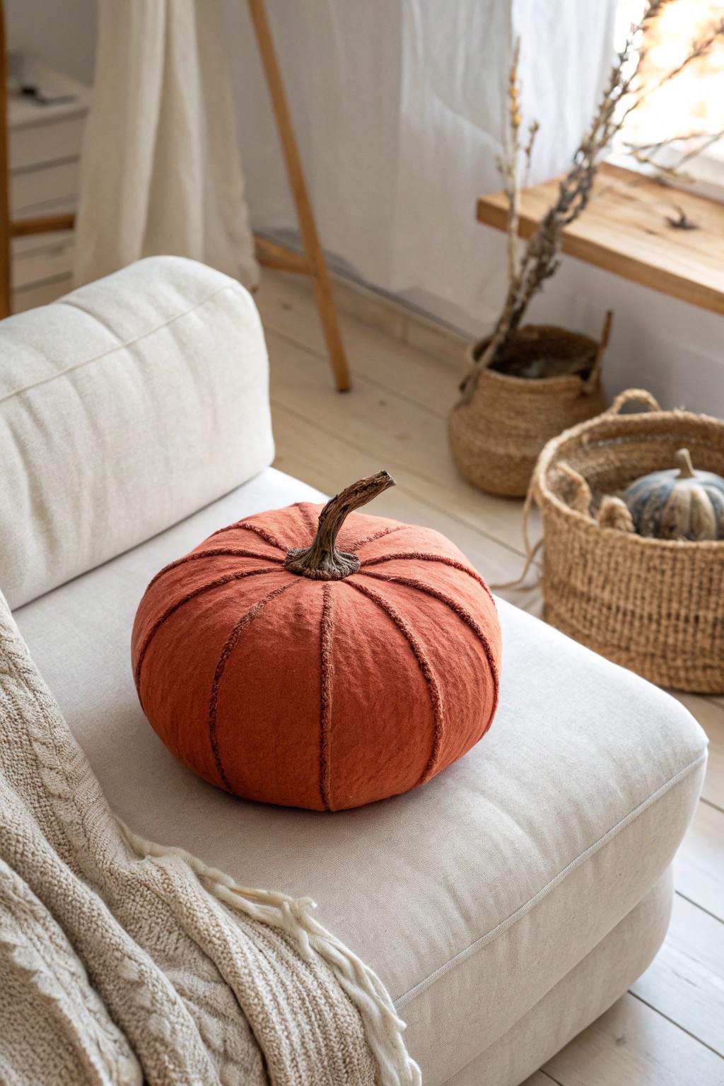 Cozy up your space with a handcrafted pumpkin pillow—seasonal charm with a Scandinavian twist!