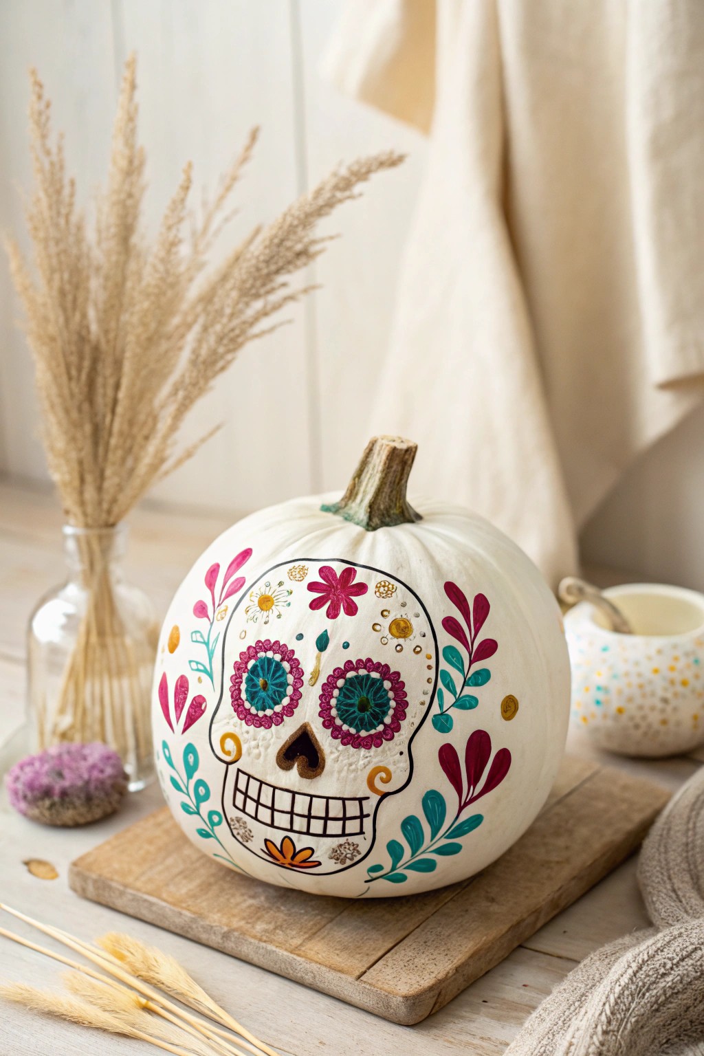 Bold, boho sugar skull pumpkin: vibrant artistry meets Scandinavian simplicity.