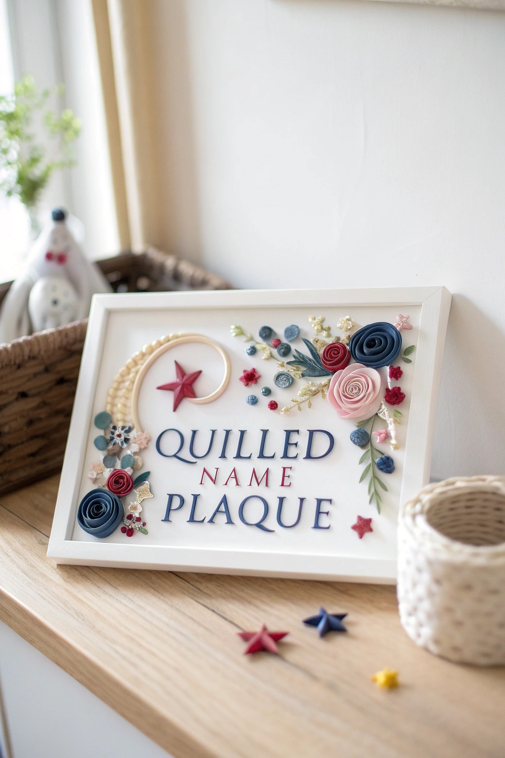 Handcrafted quilled name plaque – a playful, personalized touch for any kids’ room.