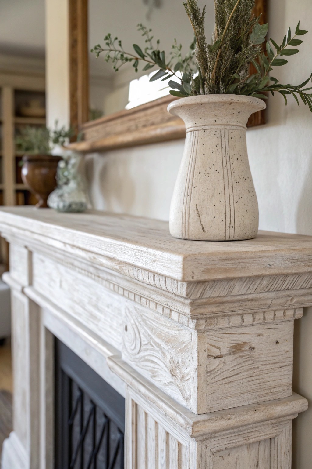 Elevate your living room with the natural charm of a whitewashed wood mantel.