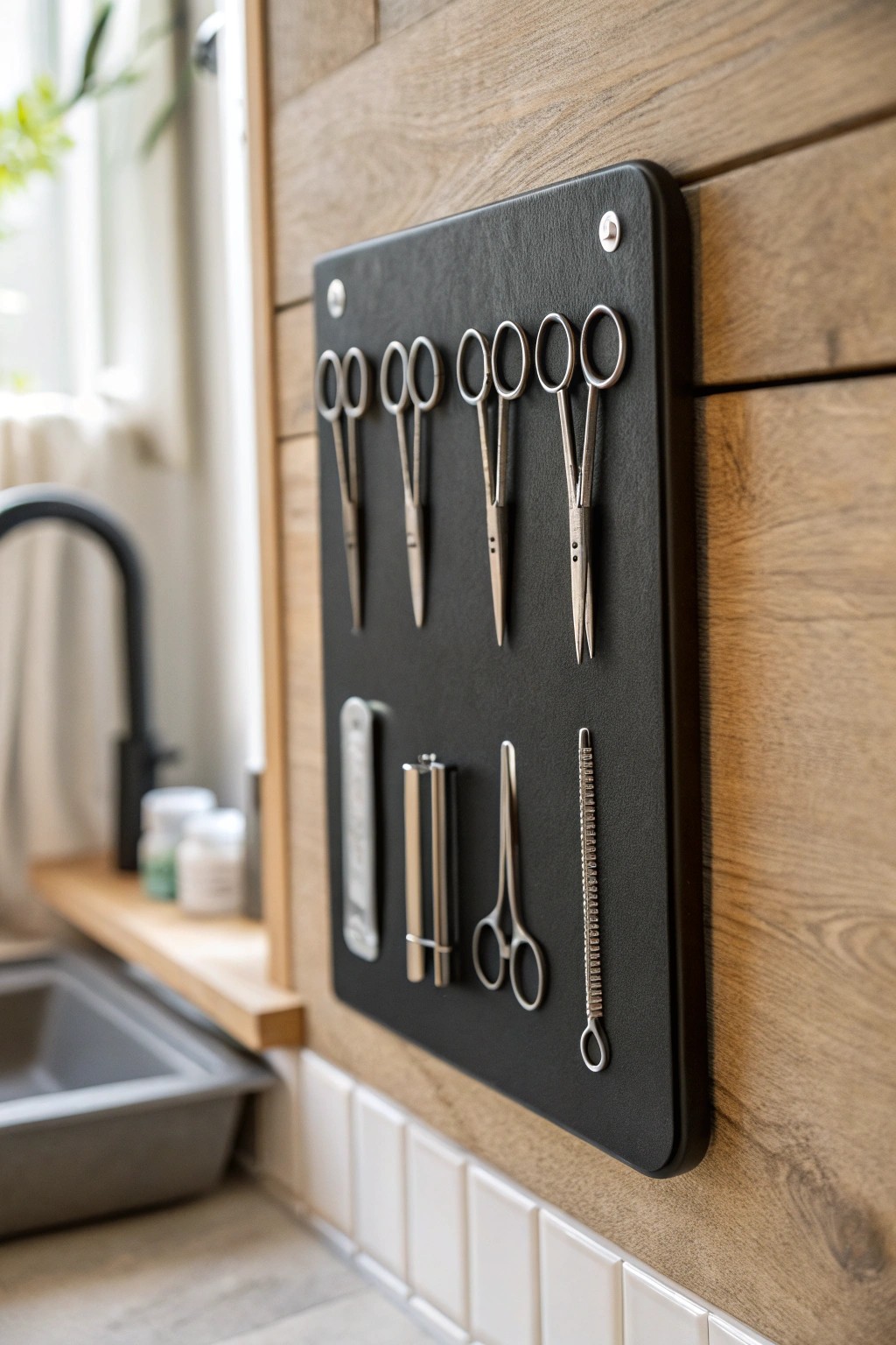 Effortless organization: A magnetic board keeps bathroom essentials beautifully in place.