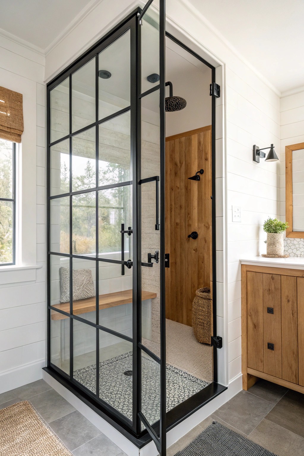 Industrial chic meets natural warmth: black-framed glass shower with handcrafted wood details.