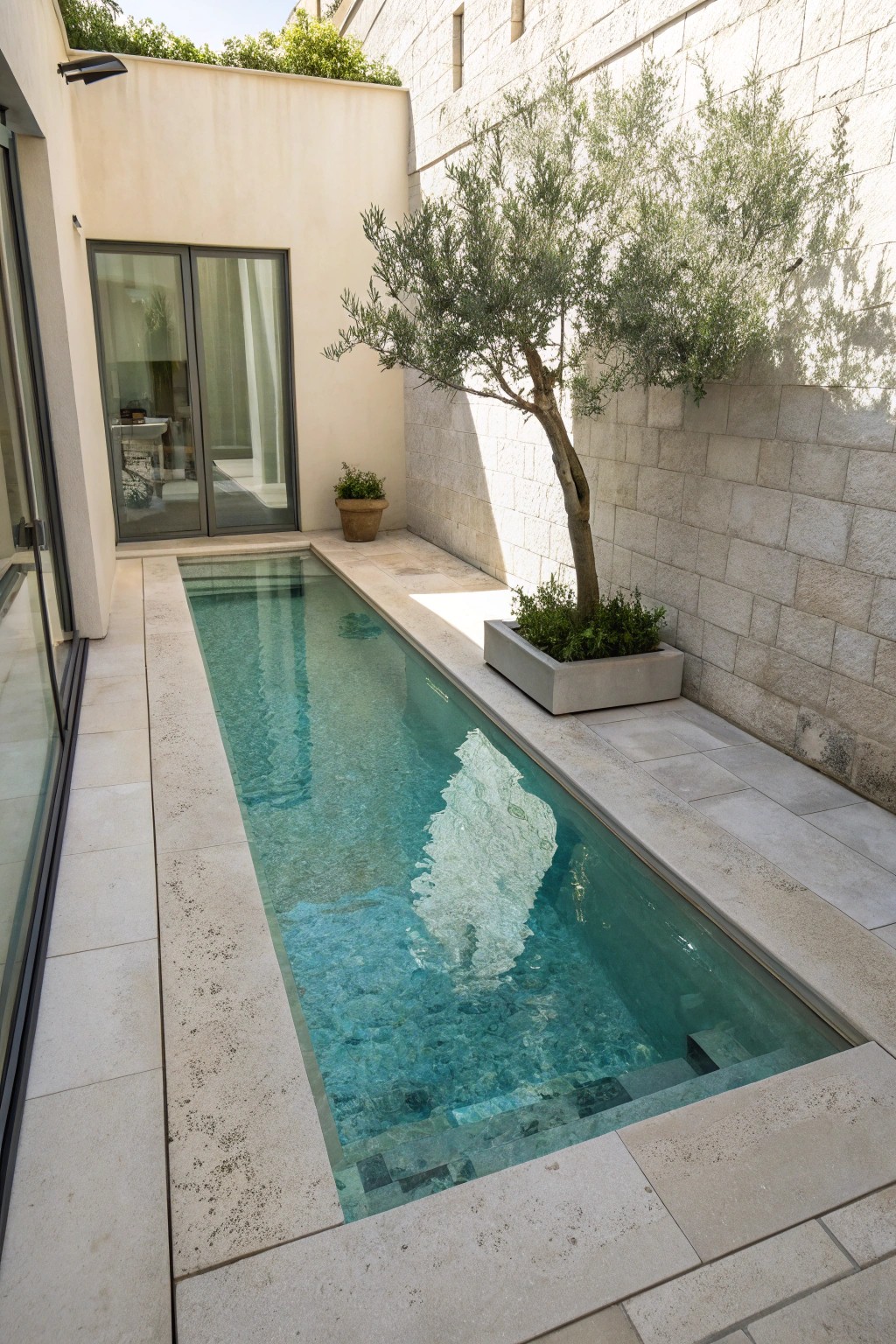A glass-walled pool brings modern simplicity and spaciousness to even the smallest courtyards.