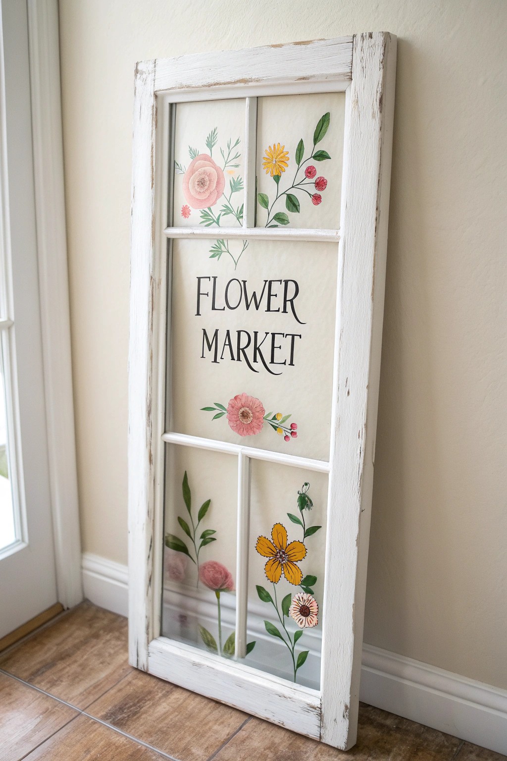 Hand-painted vintage window: your own boho-chic flower market for spring days.