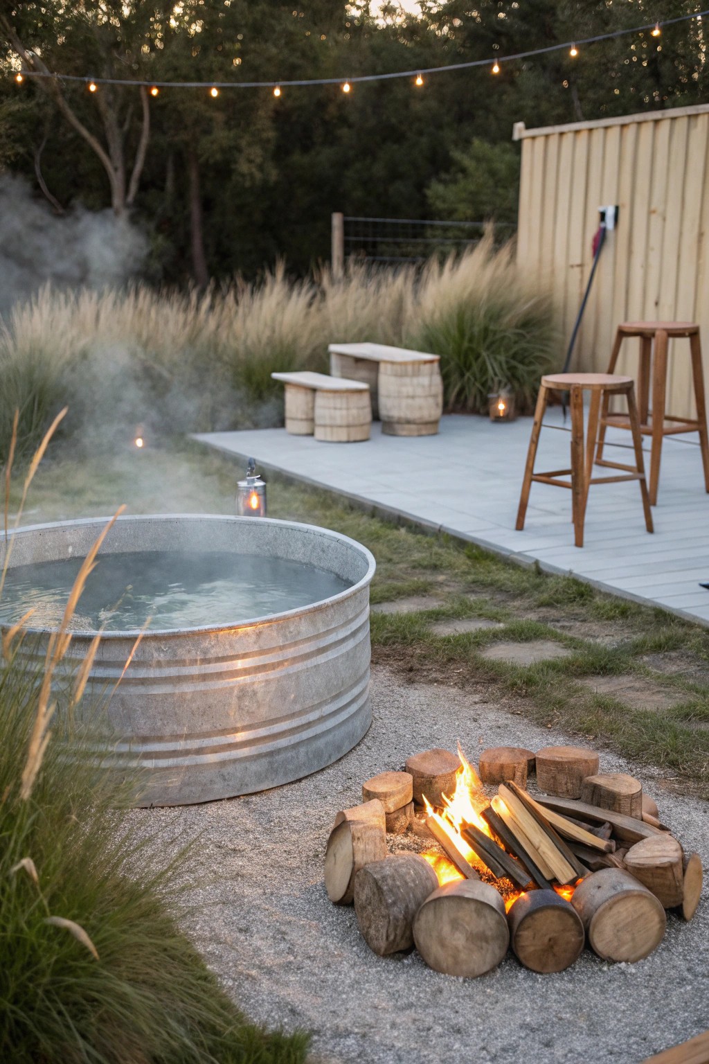 Effortless backyard magic: a stock tank pool and fire pit for day-to-night relaxation.