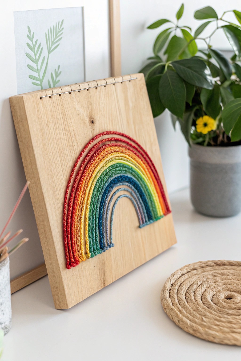 Bring sunshine indoors with this vibrant minimalist rainbow string art—where simplicity meets bold color.