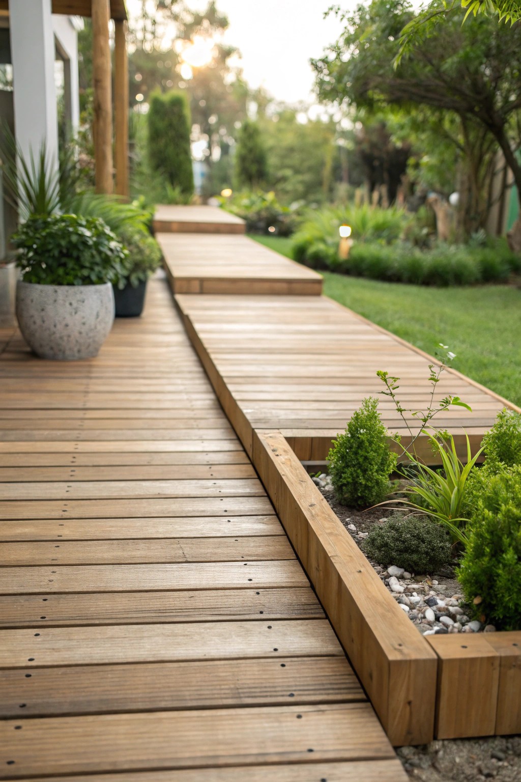 Elevate your garden path with a handcrafted floating deck walkway.