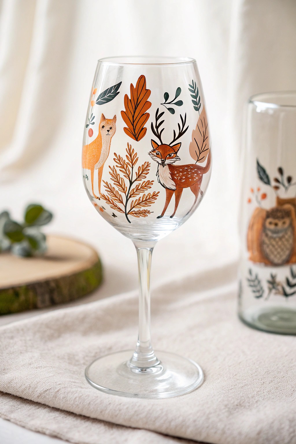 Bring woodland magic to your table with hand-painted forest creatures on minimalist wine glass art.