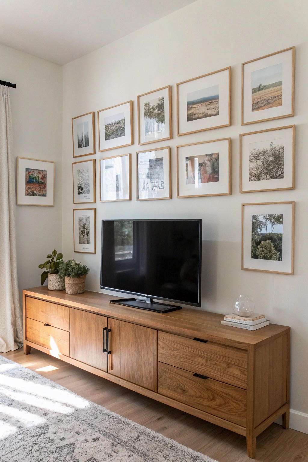 Blend art and technology: a serene gallery wall around the TV for small living rooms.