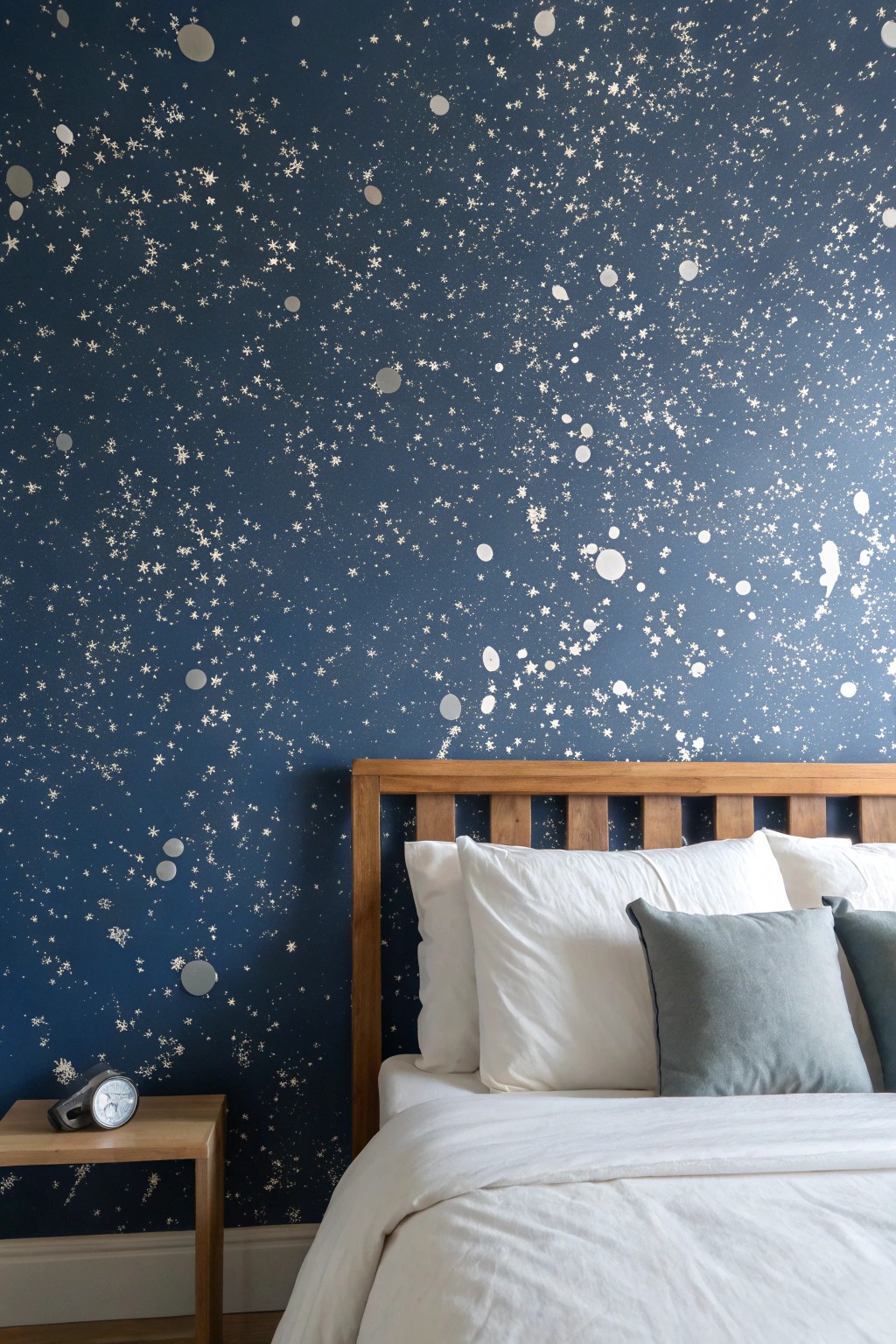 Bring movement and magic to your bedroom with a handcrafted splatter paint accent wall.
