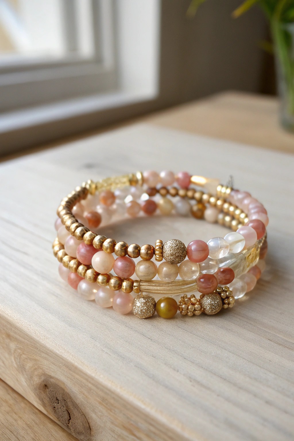 Effortless elegance: A handcrafted beaded memory wire cuff, where simplicity meets natural beauty.