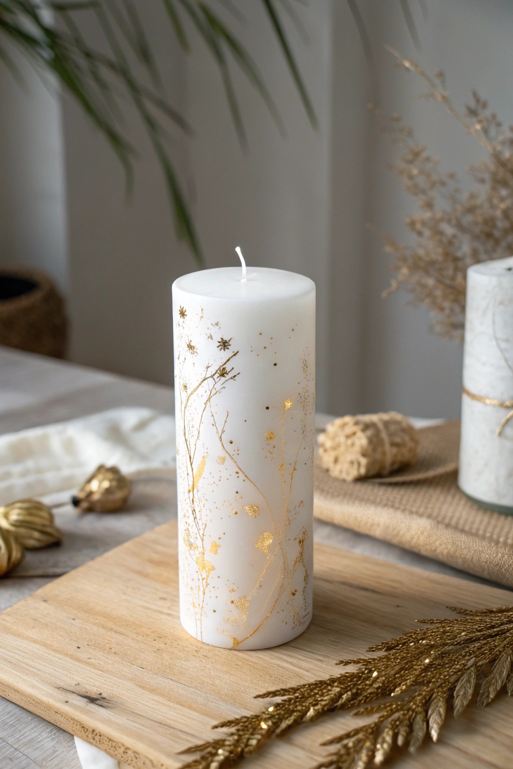 Modern art meets candlelight—abstract metallic splatters for a touch of handcrafted elegance.