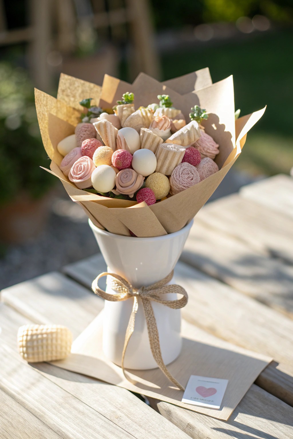 A sweet surprise: discover the hidden joy at the heart of this handcrafted candy bouquet.