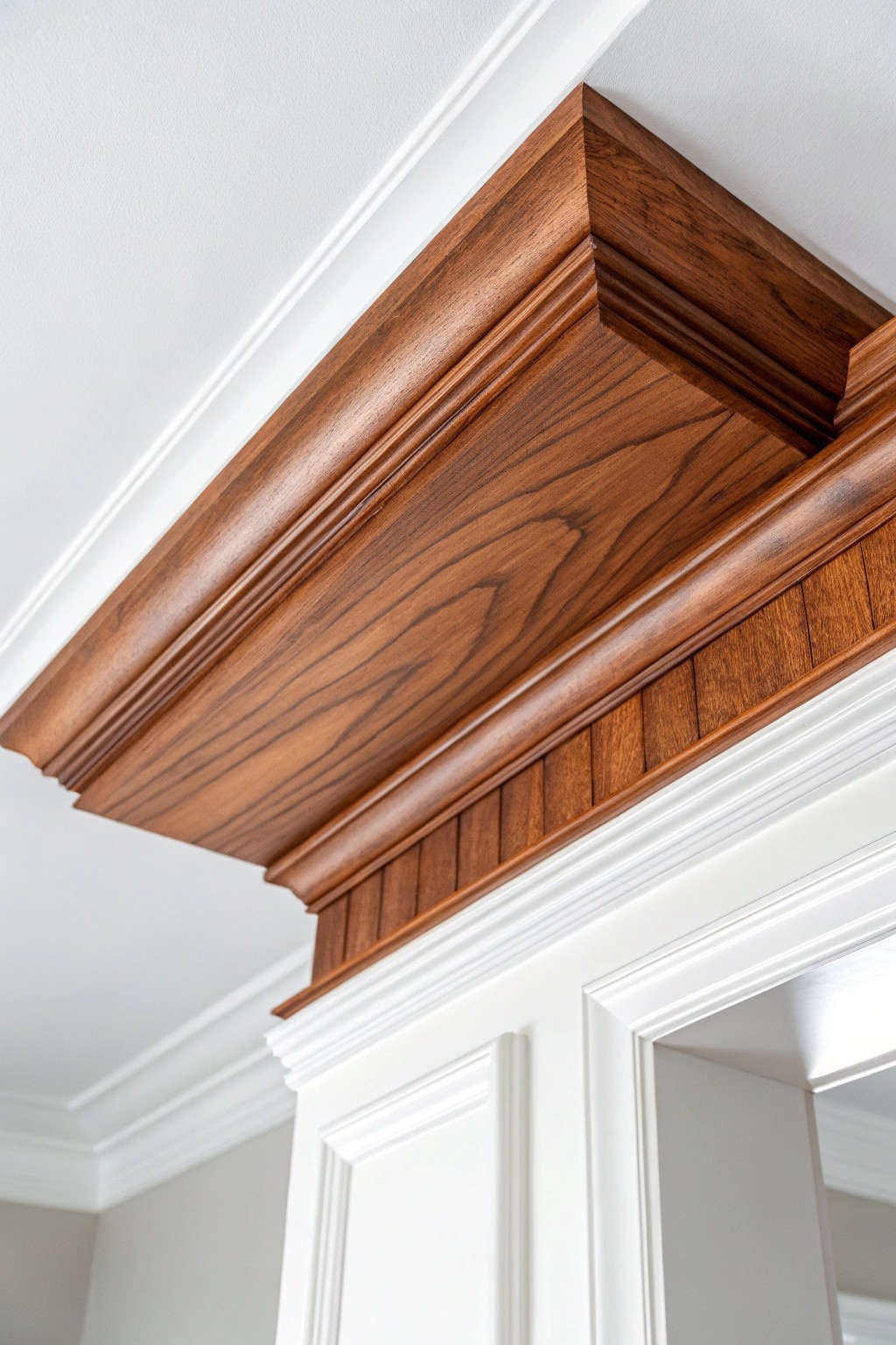 Elevate your ceiling with the timeless charm of stained wood crown molding.