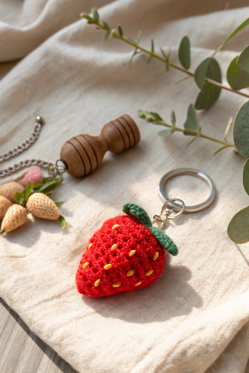 Bring a touch of spring to your keys with this charming crochet strawberry keychain.