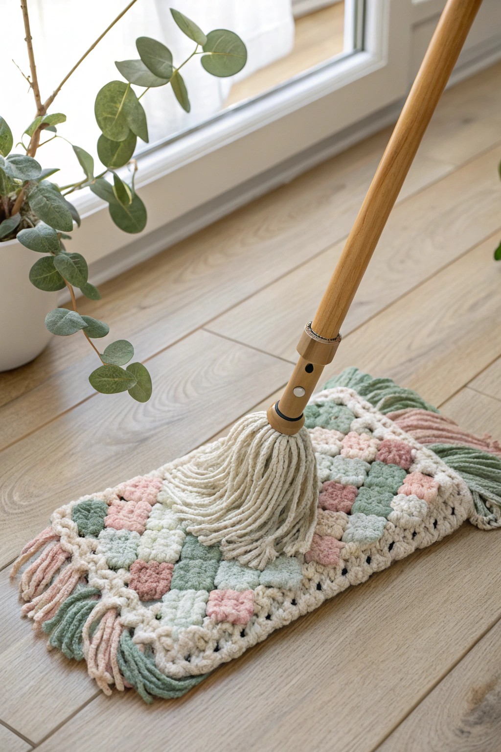 Eco-chic cleaning: a beautiful, reusable crocheted mop cover transforms everyday chores.