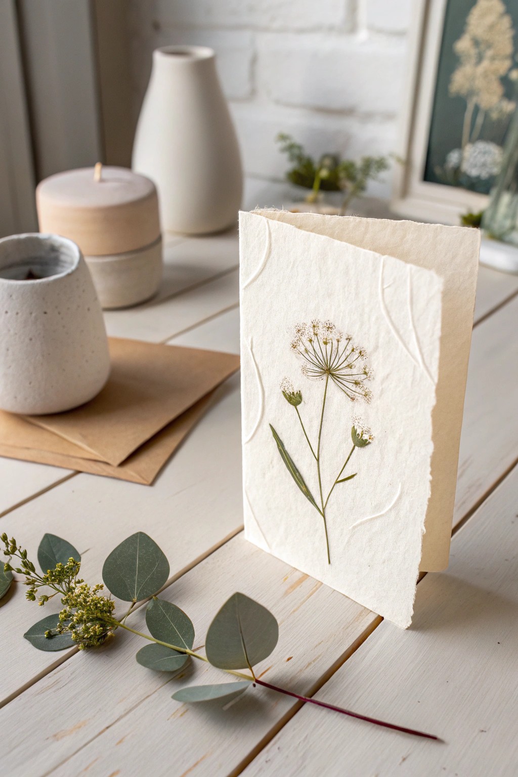 Nature’s art: A minimalist card adorned with pressed wildflowers for a touch of handcrafted beauty.