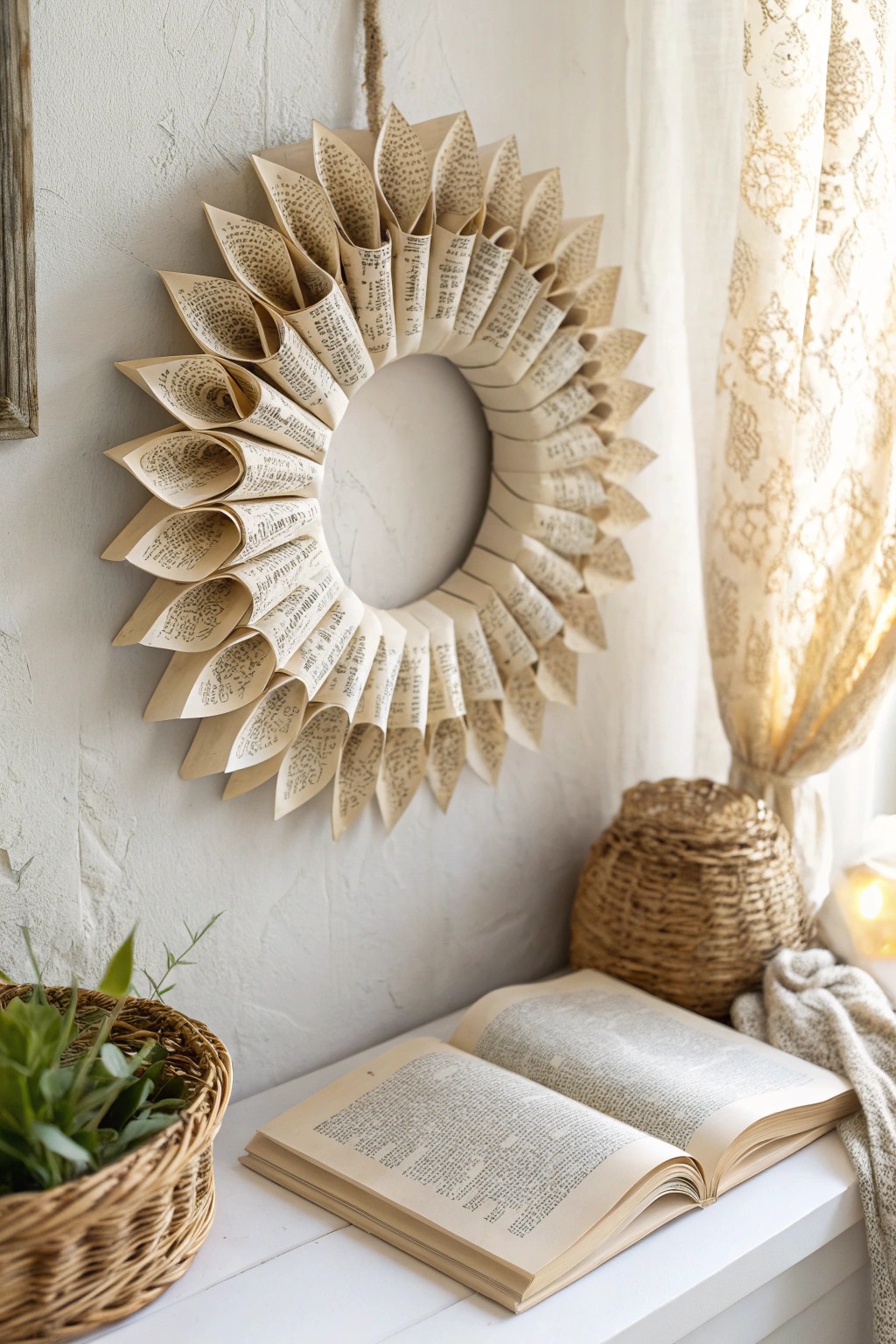 Literary charm meets handmade beauty—an upcycled book page wreath for cozy, minimalist spaces.
