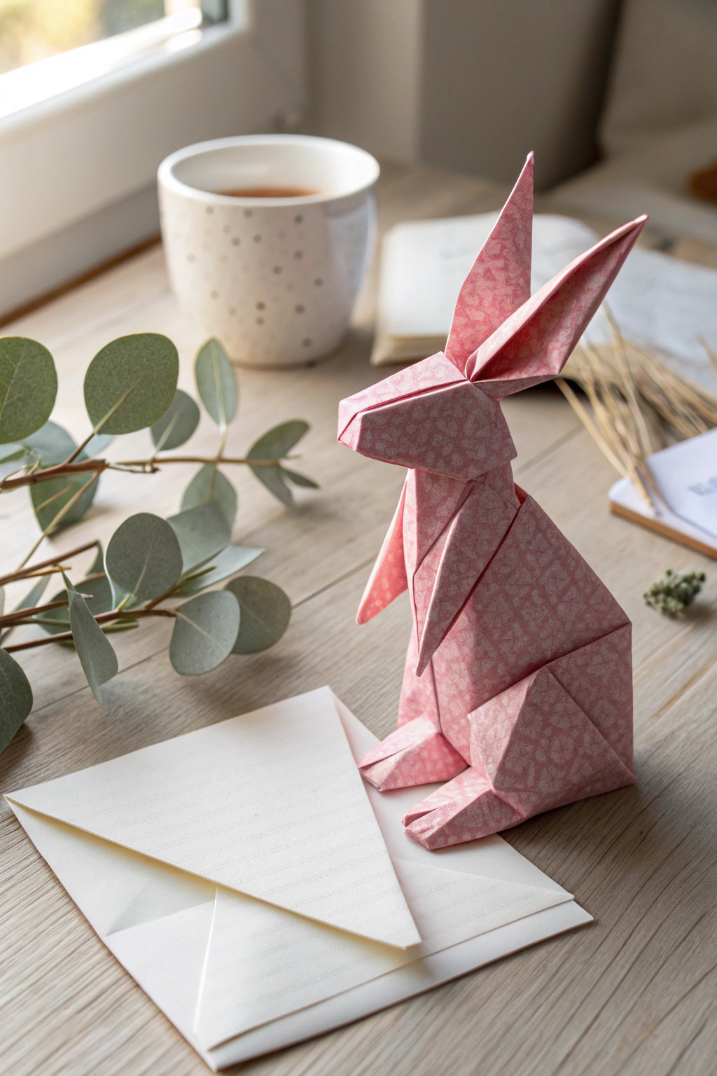 A charming origami bunny pops out to send sweet Easter wishes in Scandinavian minimal style.