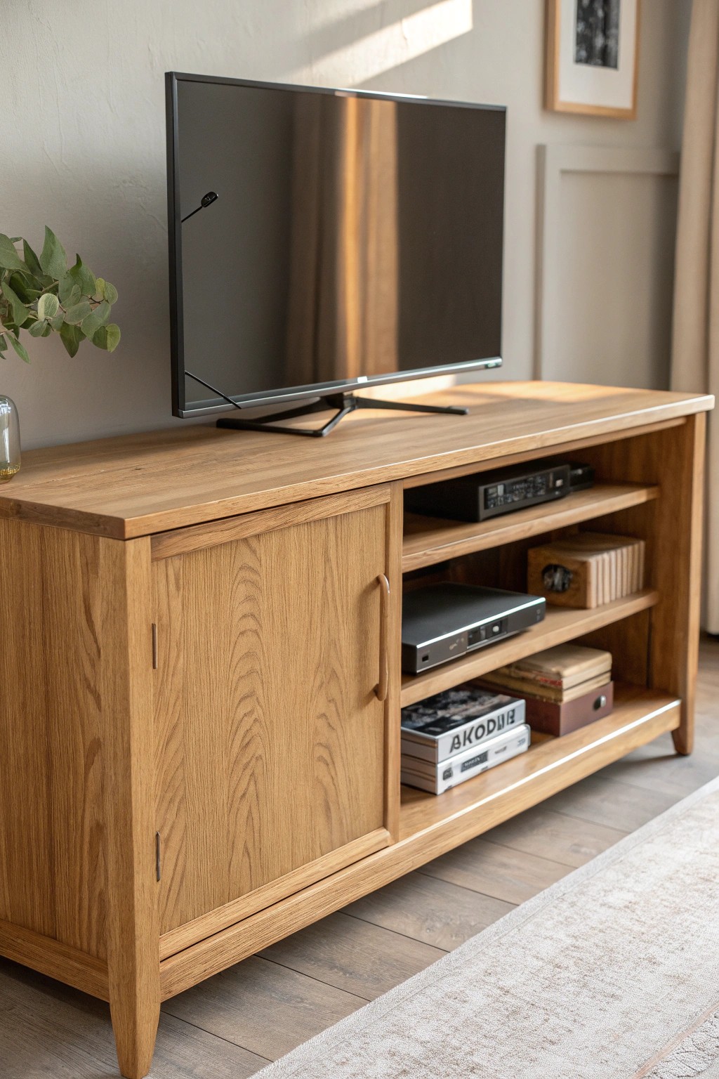 Seamless style: natural wood console with hidden tech storage.