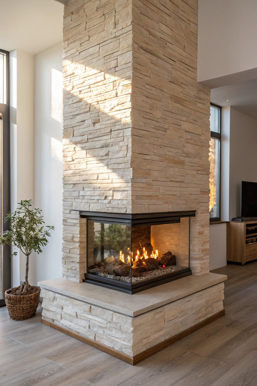 Minimalist elegance: a three-sided corner fireplace that transforms any space.
