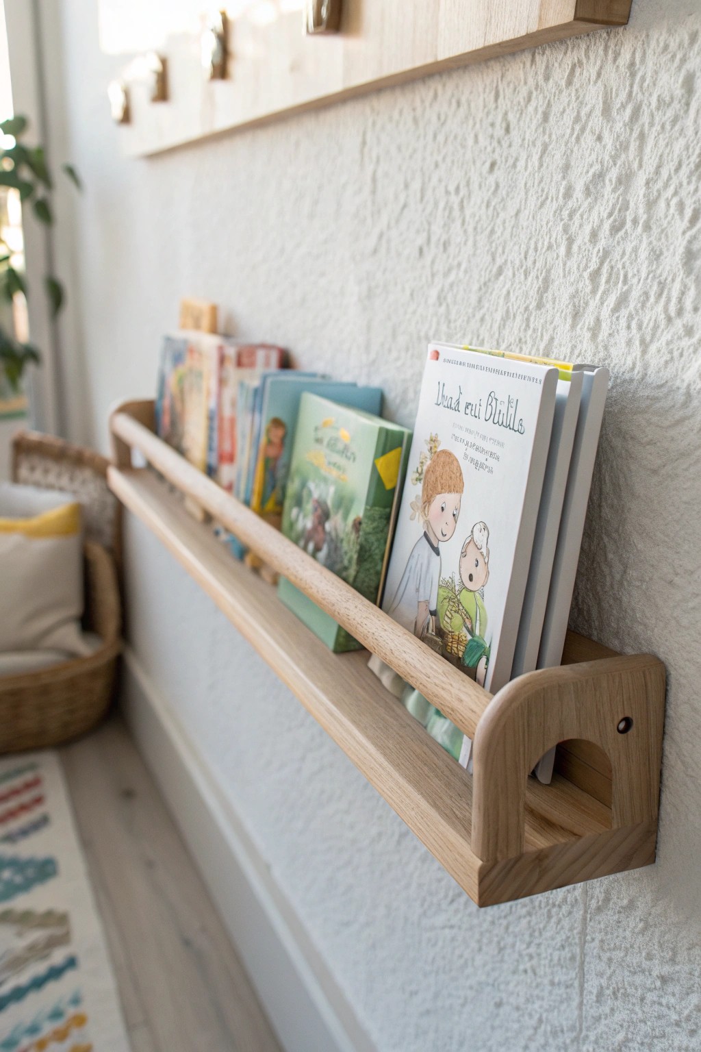 Minimalist floating book rail brings color, order, and easy access to your child's favorite reads.