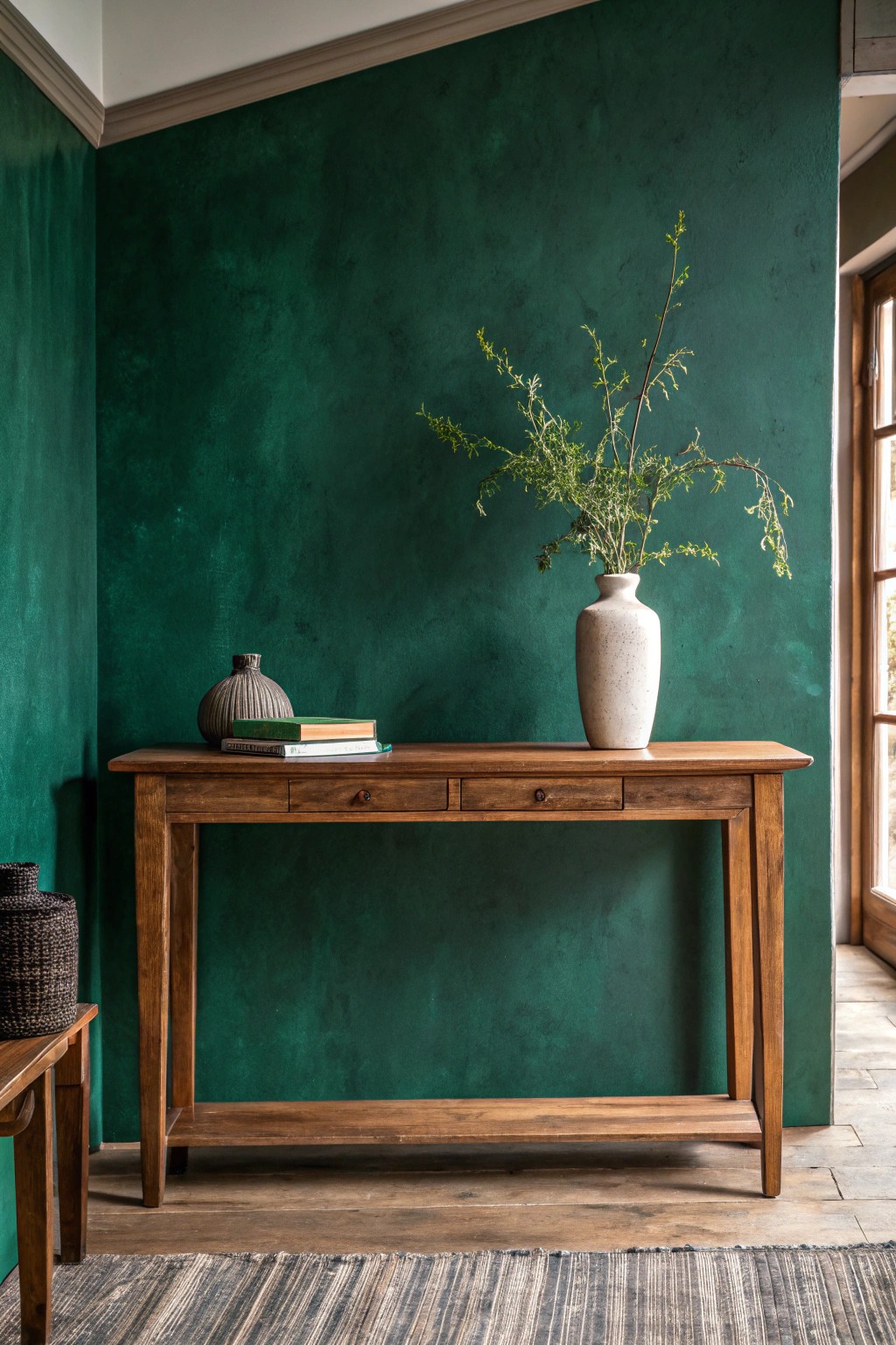 Make a statement with rich, color-drenched walls and handcrafted details for a stunning foyer entrance.