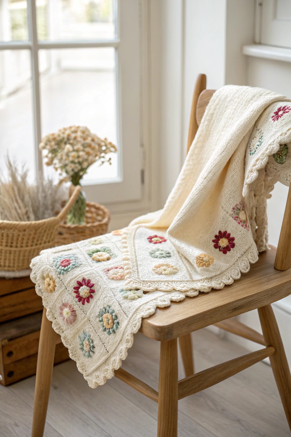 A touch of spring—handcrafted crochet petals bring this minimalist baby blanket to life.