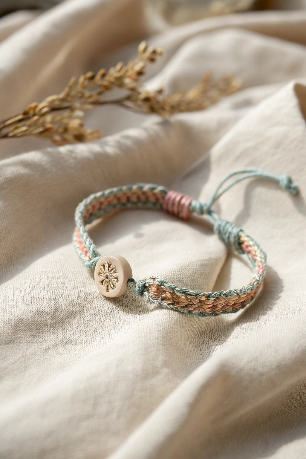 A vintage button adds a charming twist to this minimalist friendship bracelet.