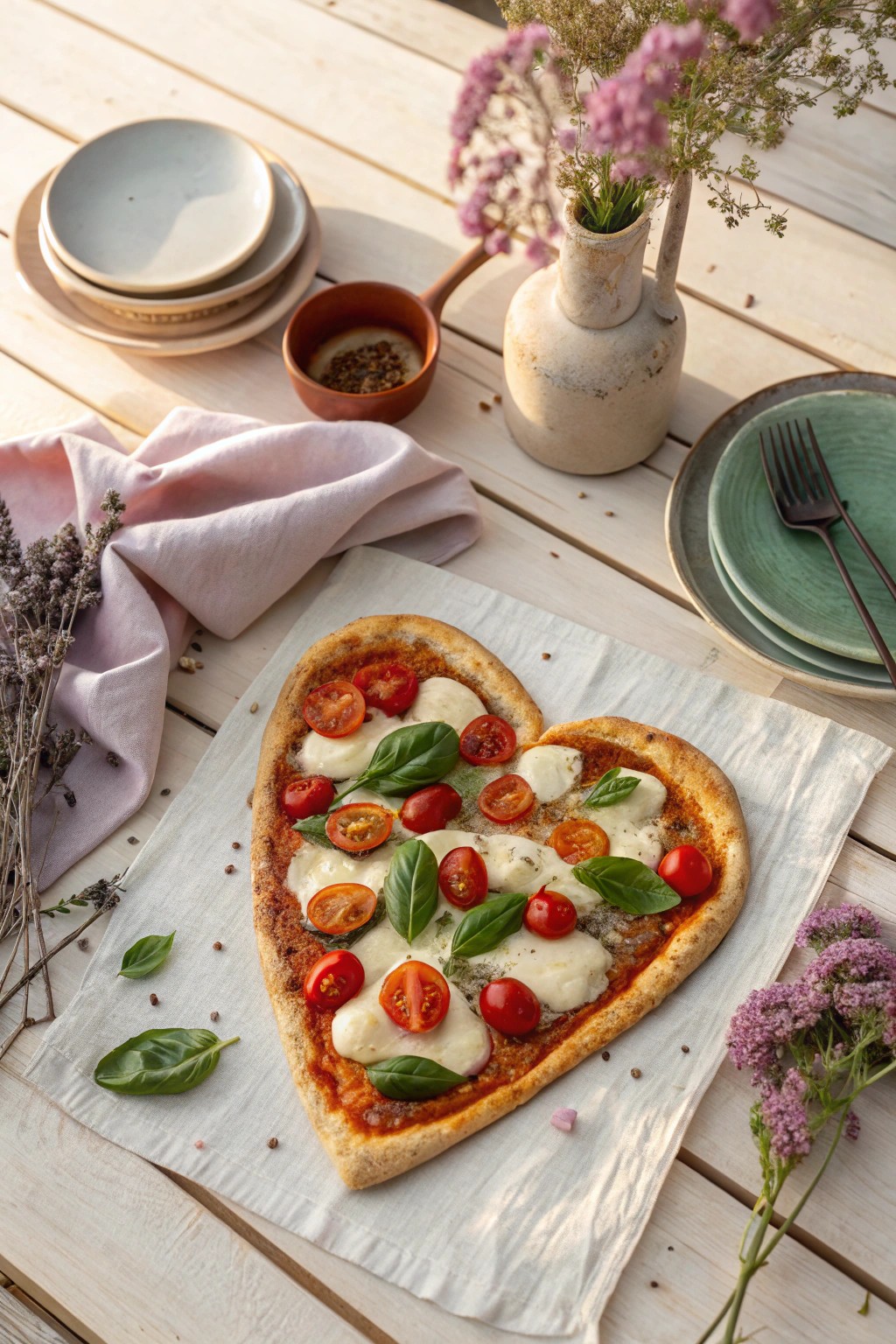 Handmade heart-shaped pizza—crafted with love for your Galentine’s gathering.