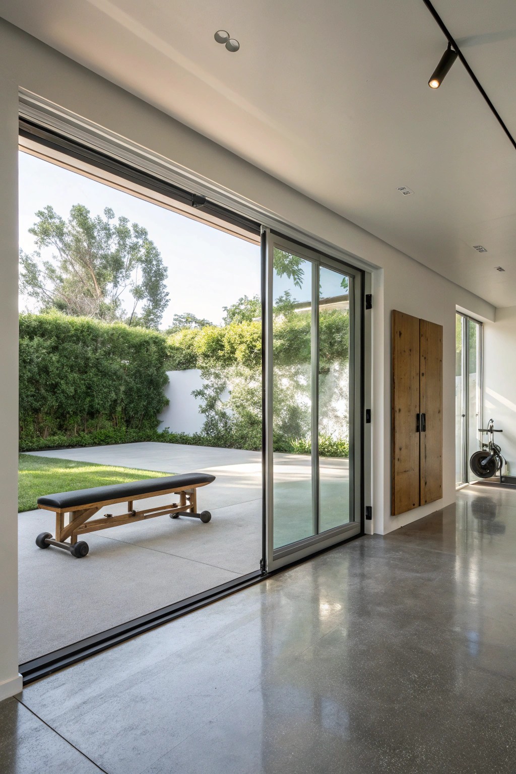 Let natural light elevate your home gym with a stunning sliding glass garage door.