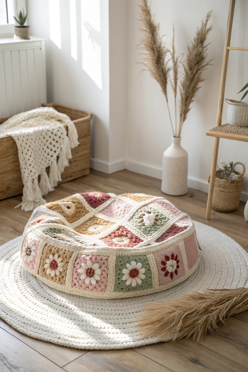 Snuggle up in style—Scandi-boho granny square pet bed cover for your furry companion.
