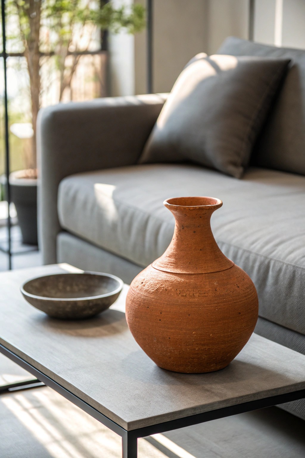 Elevate your grey couch with handcrafted terracotta accents for a warm, earthy touch.