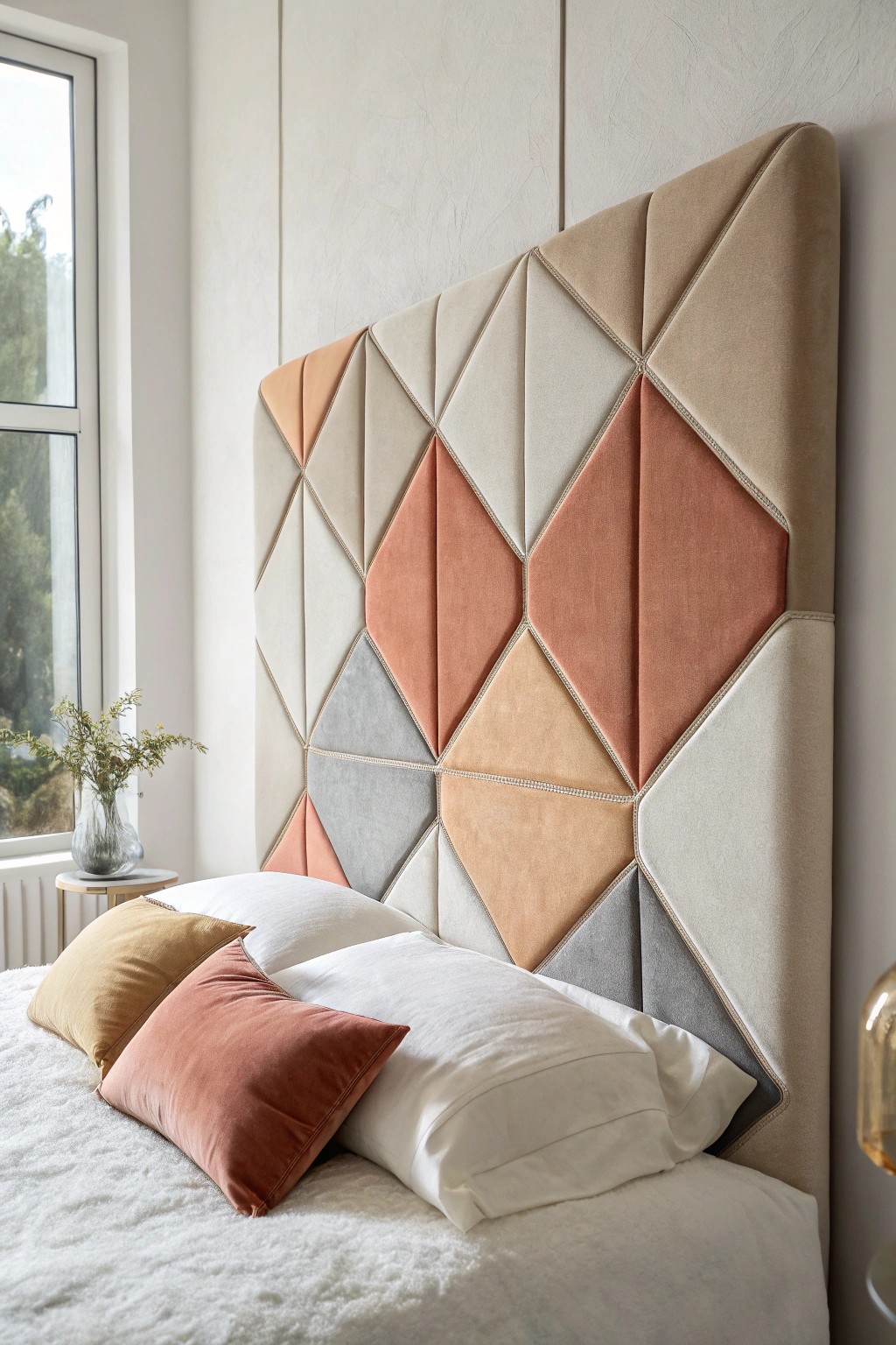 Modern craftsmanship: geometric upholstered panels for a unique, minimalist headboard.