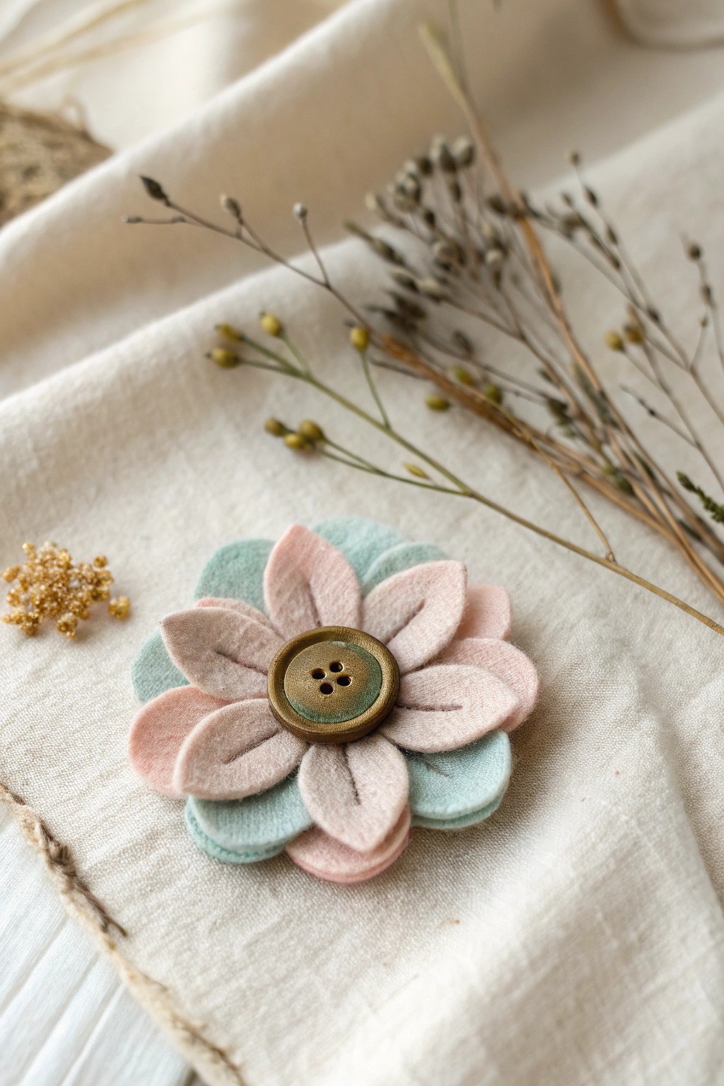 Handmade button flower pin: a charming pop of color, crafted with love for Mother’s Day.