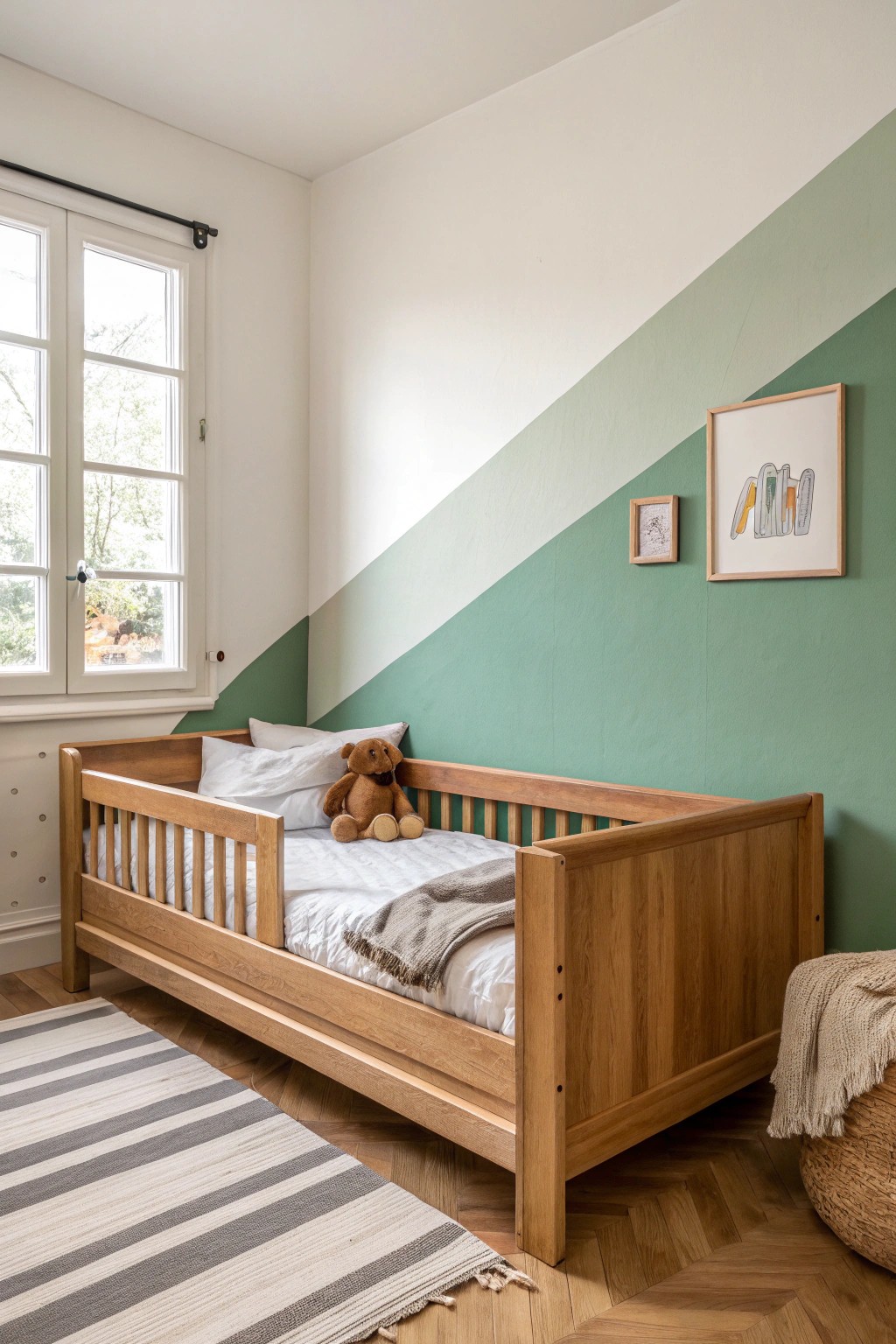 Chic simplicity: a cozy kid’s bed pops against bold, color-blocked walls.