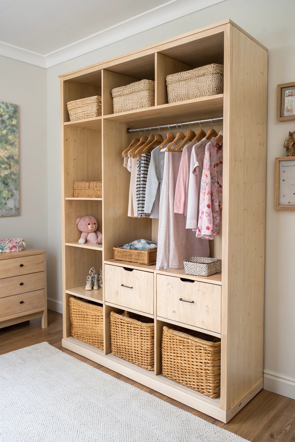 Elegant custom kids' closet: where natural beauty meets practical organization.