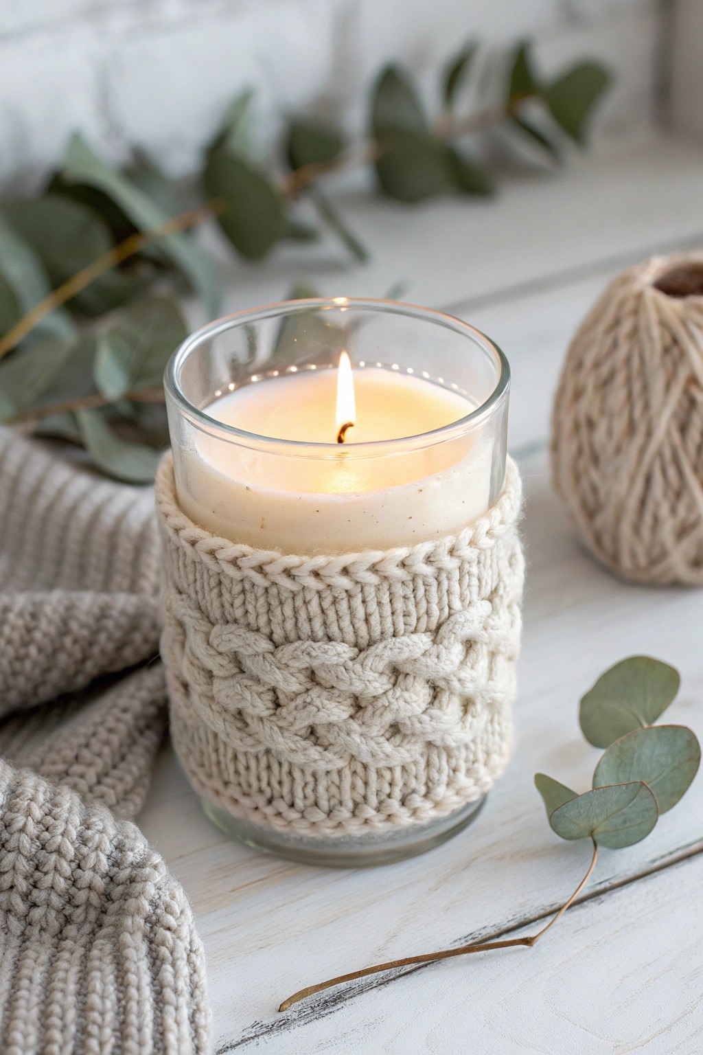 Scandinavian coziness: a handcrafted knitted sleeve transforms an ordinary candle holder into a warm, stylish accent.